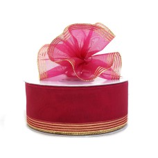 1.5 Inch Fuchsia Organza Pull Bow Ribbon With 4 Rows of Gold Stripe Accents, 25 Yards (Lot of 1 Spool) SALE ITEM